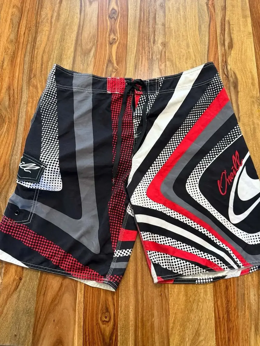 Y2K O'Neill Men's Black, Red, and White Board Shorts, Size 38